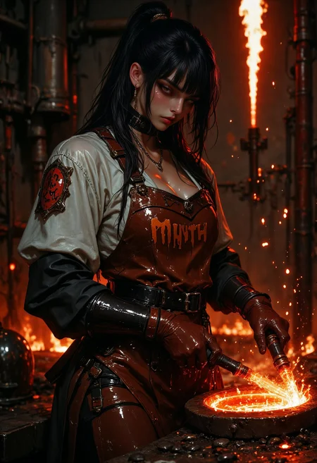 An1meL1nes, very hot sweaty girl, sexy, dripping sweat, female blacksmith, wearing a leather apron with "Myth" written on it, fire particles flicker and glow. <lora:FluxMythAn1meL1nes:1>