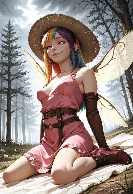 very awa, lineart, flat_colors, anime_coloring, [sei shoujo], [yoshiten], style parody, [bang dream!], [arcane: league of legends], [league of legends], (dynamic angle:1.3), (cowboy shot:1.2) BREAK 1girl, solo, <lora:NM_Gelfling:0.8> NM_Gelfling, pointy ears, <lora:w1ngsXLP:0.6> w1ngs, fairy wings, rainbow hair, straight hair with hairband, purple eyes, (pale skin:1.2), toned body, perky breasts, perfect hands, colored lips, (bewildered), forced smile,eyes narrowing BREAK wearing oversized (detailed black and pink leather cocktail dress), elbow gloves, draped skirt, belt chain, silk ribbon-trimmed dress shoes, houndstooth o-ring sun hat BREAK medieval, fantasy, outdoors, detailed landscape, coniferous forest, trees, fairy ring,ponds,flowers, sitting, wariza , arms relaxed, on grass, blanket, spring_(season), day, cool hard light, grey sky, overcast, cloudy sky, wind,, volumetric lighting BREAK <lora:Expression_Detailer_Illustrious_Lora:0.7> <lora:DarkerThanDarkIllustriousV1:0.5> <lora:Haibane_Renmei_Style_Illu_Edition:0.8> HR-Illu