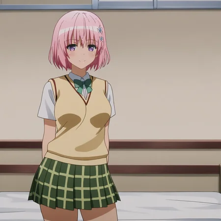 <lora:momotoloveru_pony_v1:.8>  Momo, momo velia deviluke, 1 girl, solo, school uniform, pink hair, short hair, purple eyes, thighhighs, plaid skirt, hair ornament, 1girl, sweater vest, tail, green skirt, bow, pleated skirt, shirt, large breasts, cowboy shot