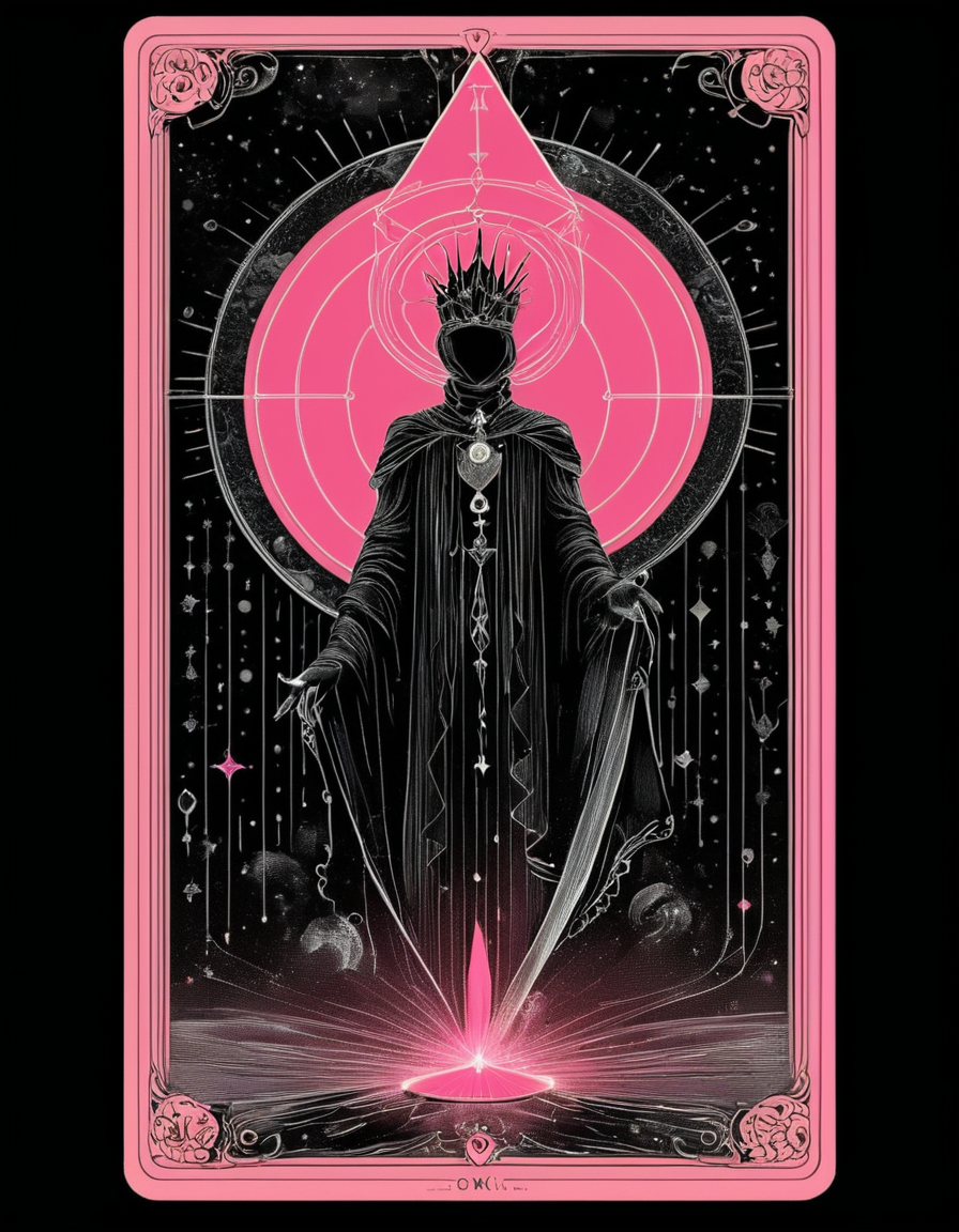 <lora:artfullyTAROT1LINE_SDXL_V1:1>,the front of an old card,tarot,tarot card,the magician,((1 line 1 color)),calligraphy,minimal,geometric,(2 colors total),lime,pink,black)) background,marker,((fine liner),masterpiece)),detailed,intricate,best quality,absurd resolution,tl4,sharp crisp ines,masterwork by artisan calligrapher,lines flow from one aspect to another,neon pink,nen liume,obsidian,ivory,vantablack,(((1 line ))) illustration,masterpiece,absurd resolution,vibrant colorstory,high contrast,holographic,