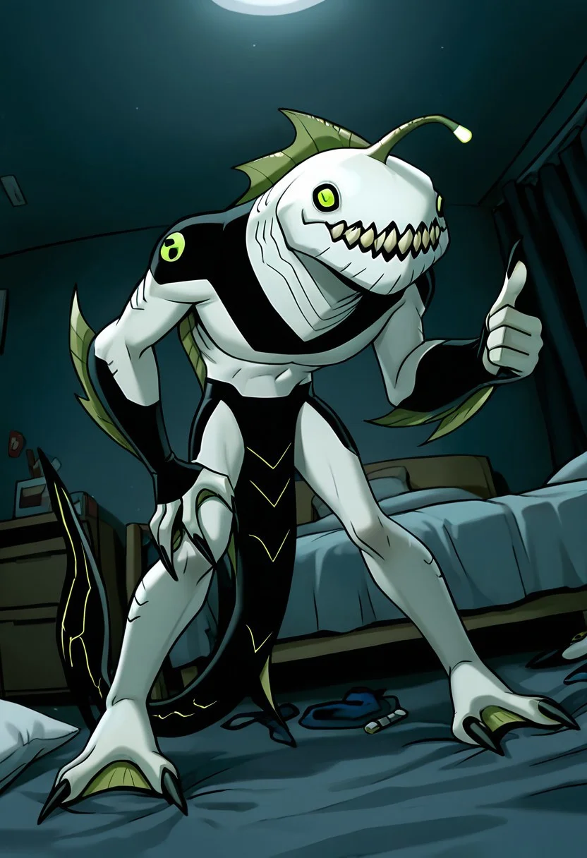 masterpiece, best quality, amazing quality, very aesthetic, absurdres, newest,,
ripjawsov, no humans, sharp teeth, teeth, colored skin, monster, pale skin, angler fish lure, green eyes, small eyes, , monster boy, claws, digimon (creature), fins, , square jaw
fisheye, 2000s, leaning forward, messy bedroom, thumbs up, smile, pale legs, 2 toes, webbed toes, black shark tail,