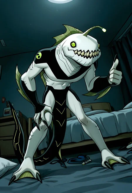 masterpiece, best quality, amazing quality, very aesthetic, absurdres, newest,,
ripjawsov, no humans, sharp teeth, teeth, colored skin, monster, pale skin, angler fish lure, green eyes, small eyes, , monster boy, claws, digimon (creature), fins, , square jaw
fisheye, 2000s, leaning forward, messy bedroom, thumbs up, smile, pale legs, 2 toes, webbed toes, black shark tail,