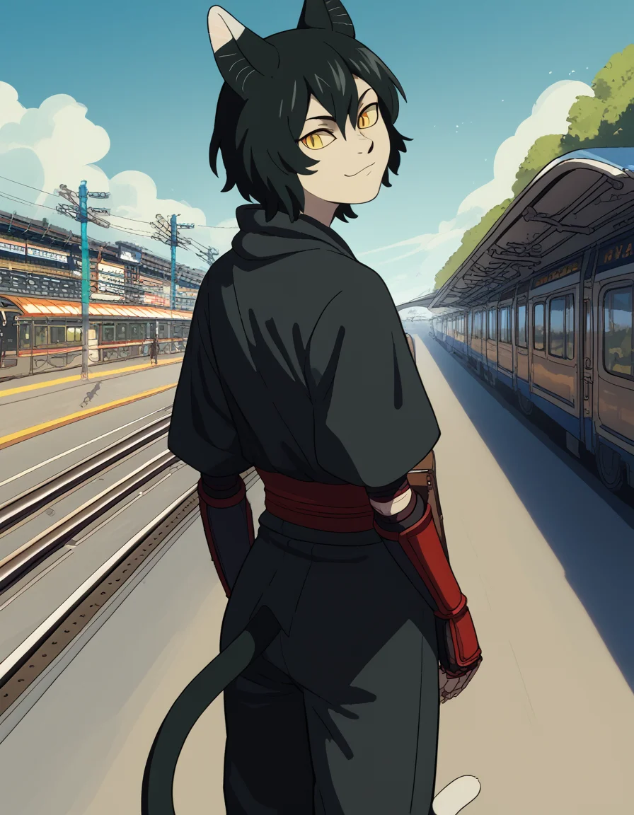 score_9, score_8_up, score_7_up, source_anime, <lora:izutsumi-s1-ponyxl-lora-nochekaiser:1>, izutsumi, black hair, animal ears, tail, yellow eyes, cat ears, cat tail, cat girl, slit pupils,, japanese clothes, gauntlets, ninja, black shirt, black pants,, train station, waiting for train, suitcase, traveling, commute, city skyline, hands behind back, smile, <lora:shaft-look-ponyxl-lora-nochekaiser:1>, shaft look, looking back, from behind, head tilt,, looking at viewer, solo,, dutch angle, cowboy shot