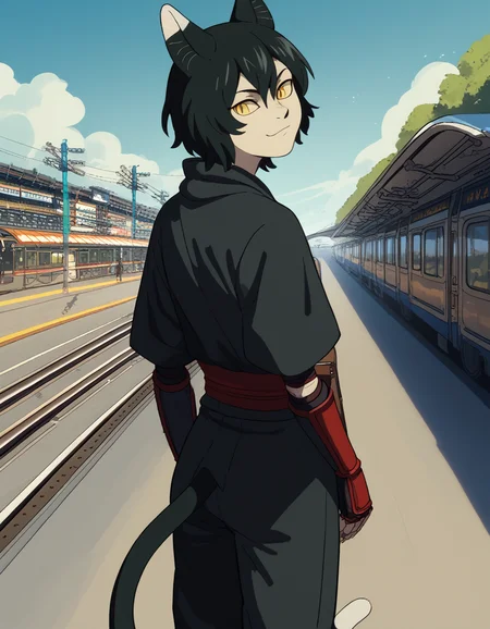 score_9, score_8_up, score_7_up, source_anime, <lora:izutsumi-s1-ponyxl-lora-nochekaiser:1>, izutsumi, black hair, animal ears, tail, yellow eyes, cat ears, cat tail, cat girl, slit pupils,, japanese clothes, gauntlets, ninja, black shirt, black pants,, train station, waiting for train, suitcase, traveling, commute, city skyline, hands behind back, smile, <lora:shaft-look-ponyxl-lora-nochekaiser:1>, shaft look, looking back, from behind, head tilt,, looking at viewer, solo,, dutch angle, cowboy shot