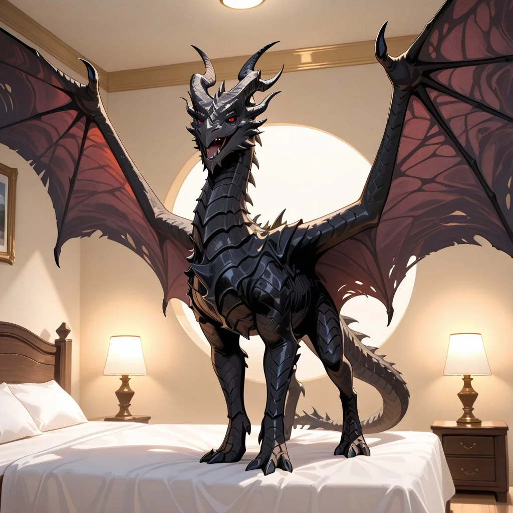 1boy, highres, absurdres, newest, masterpiece, best quality, furry, furry_male, alduin_skyrim, dragon, black scales, (wings, spread wings:1.3), horns, tail, male, 1boy, red sclera, red eyes, (quadruped, feral:1.3), detailed eyes, (standing:1.1), open_mouth, open mouth smile, luxurious detailed room, bright room, day scene, professional lighting, white bed, solo, bedroom, smiling, seductive, looking_at_viewer, masterpiece, close up, safe