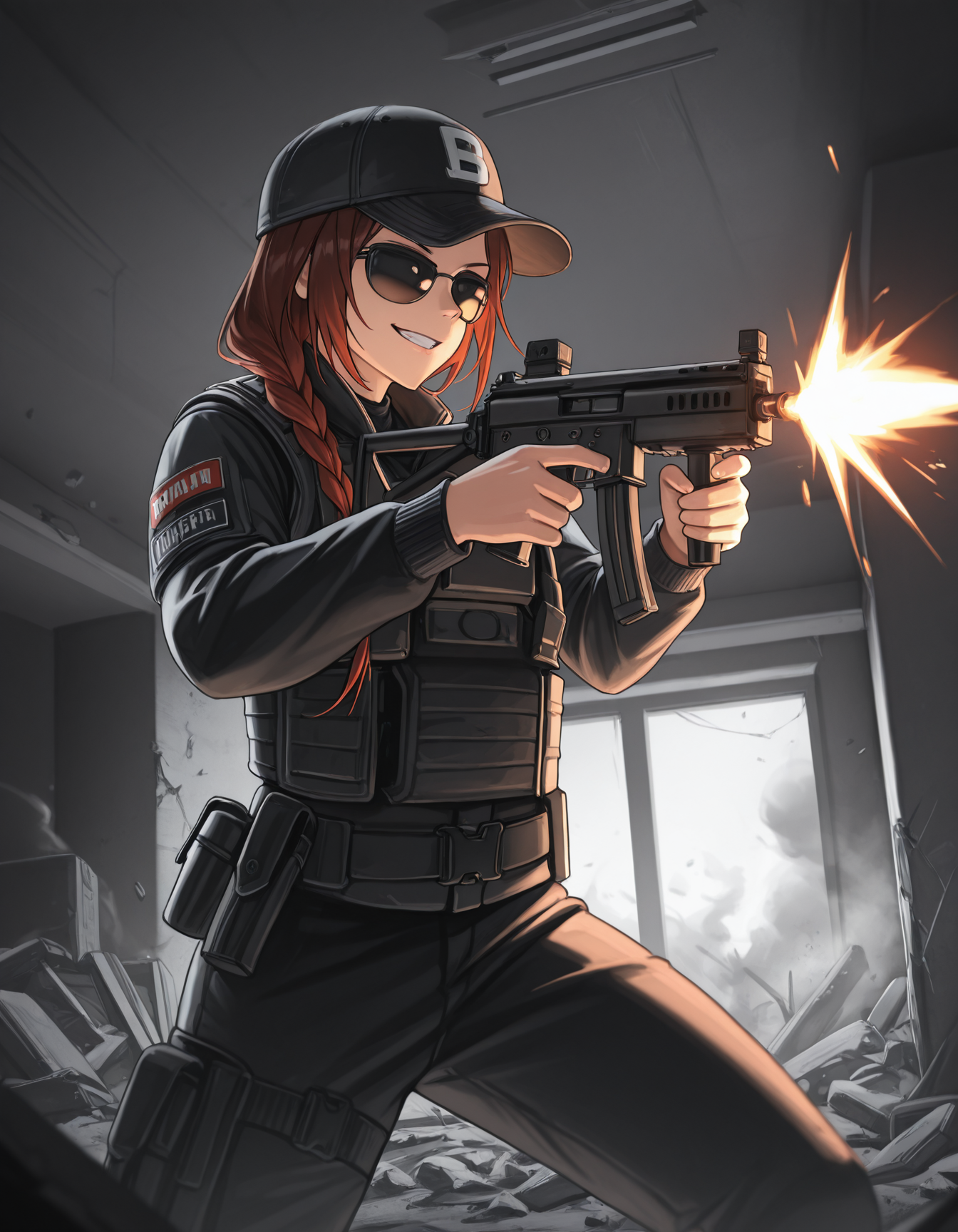 <lora:siege-illustrious-000010:1> solo, as5s1eg, red hair, brown hair, baseball cap, sunglasses, black jacket, black shirt, long sleeves, bulletproof vest,
h&k mp5, submachine gun, m uzzle flash, firing, grin, indoors, rubble, smoke, masterpiece,best quality,amazing quality