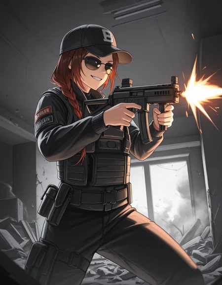 <lora:siege-illustrious-000010:1> solo, as5s1eg, red hair, brown hair, baseball cap, sunglasses, black jacket, black shirt, long sleeves, bulletproof vest,
h&k mp5, submachine gun, m uzzle flash, firing, grin, indoors, rubble, smoke, masterpiece,best quality,amazing quality