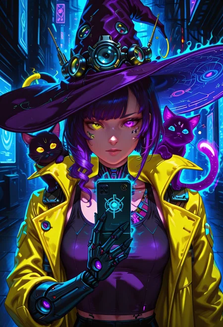 a technomancer witch, slim, upper body, heterochromia, cyberpunk aesthetic, glowing yellow and purple circuit tattoos, tank top, one augment metallic arm, B34ut1ful 4ndr01d, cybernetic, swirling trench coat, etched with circuitry, big witch's hat, neon-lit outdoor environment, holographic cat familiar on shoulder, digital magic aura, sci-fi fantasy fusion, cinematic lighting, holding out a cell phone in one hand, intricate spell glyphs floating over her phone, high-tech sorcery, ultra-detailed, 8K resolution, hyperrealistic reflections, anime cyber-fantasy, dramatic composition, vibrant colors