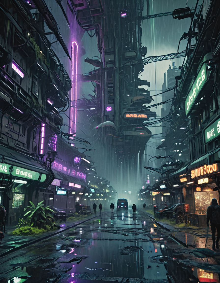 <lora:SWL_Underground1xlb:1> photo of sci-fi slum, overgrown arcology, rain-soaked street, flooded corridor, neon purple and green glow, warm shop lights, exposed cables, metal hive megastructure, cinematic lighting, volumetric fog, wet reflective floor, high-tech city, cyberpunk survival, human presence, crowds, immersive environment, photorealistic, vertical scale, dense detail, tortured vegetation, cyberpunk cars, freeway, red kenji