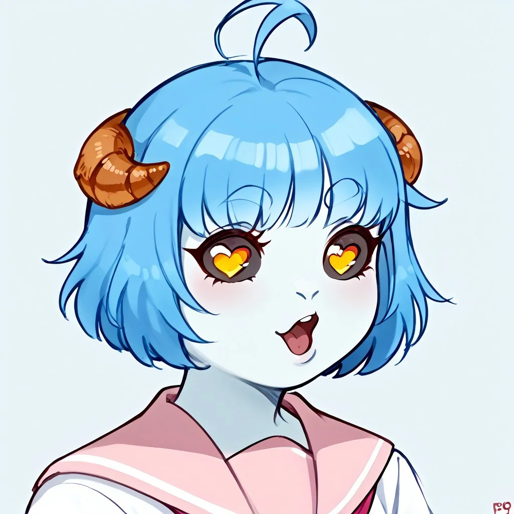score_9, score_8_up,score_7_up, source_anime, pog,, open mouth, portrait,, looking at viewer, , looking to the side,, solo, 1girl, ahoge, short hair, blue hair, colored skin, light blue skin, thick eyebrows, colored sclera, heart-shaped pupils, yellow eyes, animal ears, furry, white shirt, pink sailor top, croissant hair clip,
