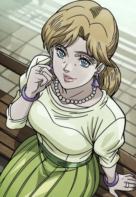score_9, score_8_up, score_7_up, high angle, 1girl, Holy Kujo, Blonde Hair, Blue Eyes, Light Green Blouse, Purple Wrist Rings, Purple Earrings, Pearl Necklace, Silver Wedding Ring, Lime Skirt, sitting, bench, full body, looking at viewer, smile, (highest quality, perfect quality, best quality, highly detailed, intricate detail, beautiful eyes, detailed face and eyes, perfect background, detailed background, detailed body, detailed anatomy, perfect anatomy, high-contrast)
