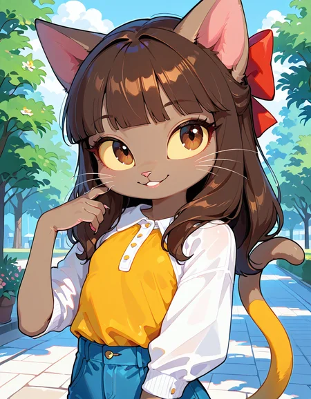masterpiece, best quality, very aesthetic, absurdres,
outdoors, casual, 
headshot, happy, 
seductive smile, parted lips, long eyelashes,
 <lora:Ivy_Pepper_v01_NAIXL:1>
1vyP3pp3r,1girl,solo,furry,furry female,cat girl,cat ears,brown hair,hair bow,long hair,blunt bangs,brown eyes,yellow sclera,animal nose,whiskers,body fur,cat tail,