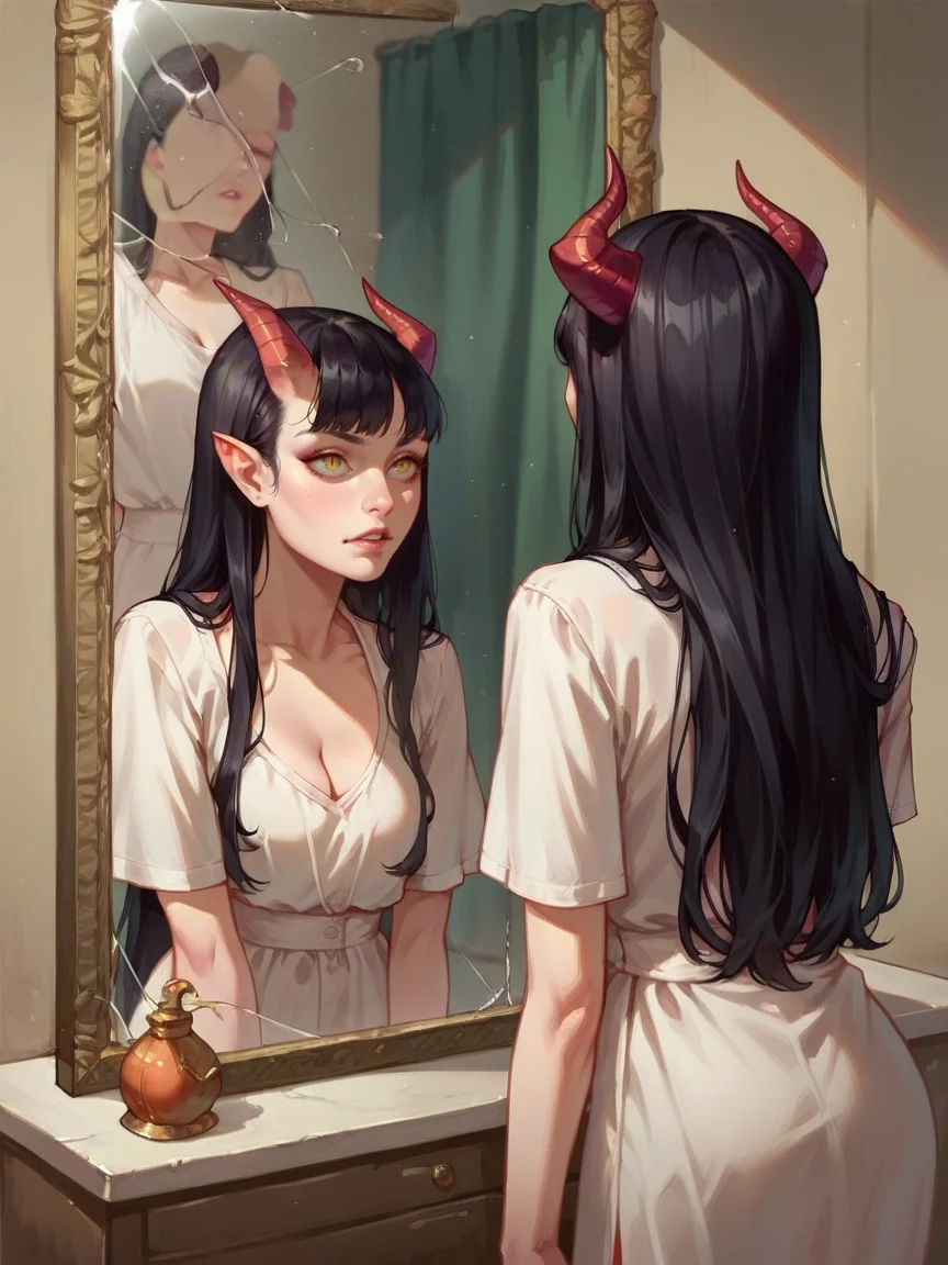 score_9, score_8_up, score_7_up, score_6_up, <lora:m1rr0rXLP:0.6> m1rr0r, mirror, reflection, long hair, 1girl, black hair, demon girl,