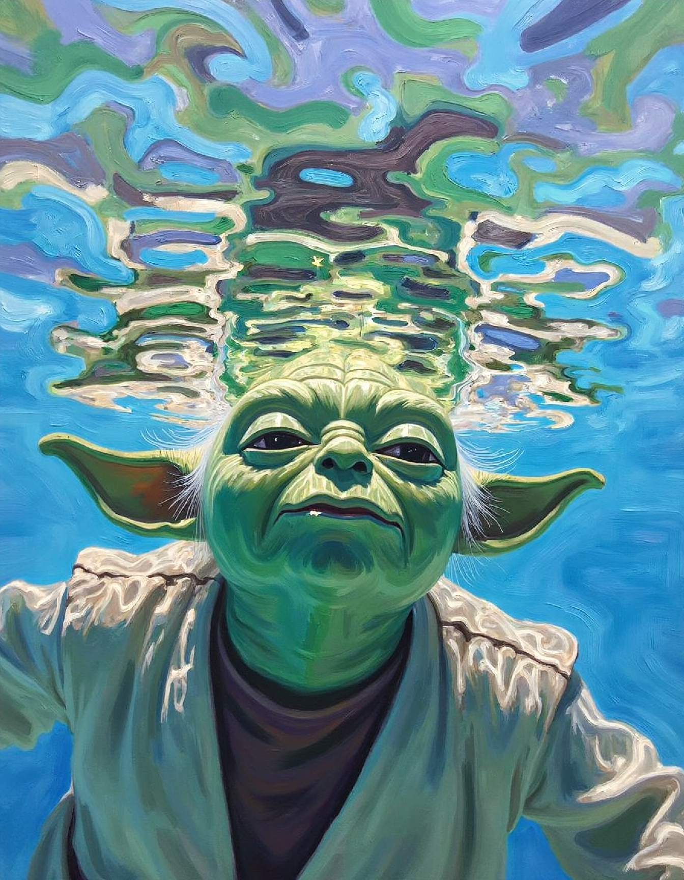 ssf-1s4bel3mr1ch painting of yoda swimming underwater, his head is above the surface of the water