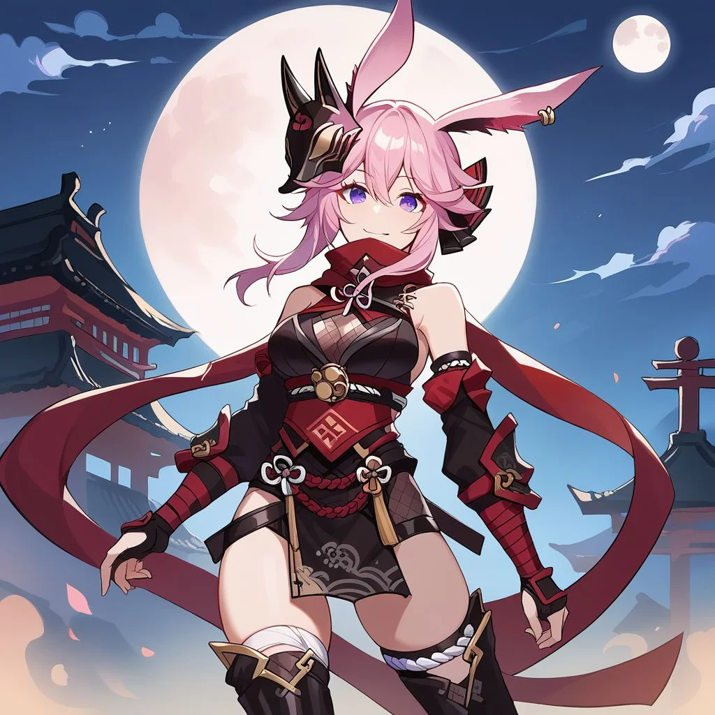 score_9, score_8_up, score_7_up,Captivating Eye Reflections,beautiful detailed eyes,lower eyelid,beautiful detailed face,BREAK ,source_anime,smile,Japanese style architecture,moon,night,standing,Yae Gasumi,medium breast,ninja,pink hair,fox ears,purple eyes,1fox mask on the head,black japanese clothes,black japanese armor,2katanas,bare shoulders,red scarf,bare thighhighs,black boots,