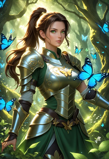 photorealistic heroine with ponytail,  in a dark enchanted forest, intense gaze, dynamic lighting, wind blowing leaves, high-detail armor, green light,A swirl of leaves caught in a gentle breeze, Sunbeams filtering through the leaves,Butterflies fluttering among the flowers,
One hand resting on the hip, the other arm relaxed by the side, casual stance














