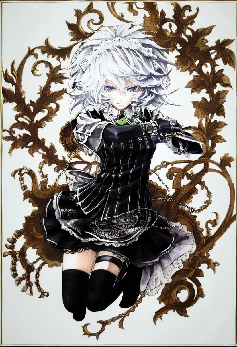 1girl, solo, izayoi sakuya, thighhighs, braid, white hair, watch, pocket watch, maid headdress, blue eyes, twin braids, short hair, black thighhighs, alternate costume, gloves, zettai ryouiki, knife, white background, skirt, full body, simple background, striped <lora:banpaiAkiraOSXL_NBVP1_lokr_V6311P:0.95>