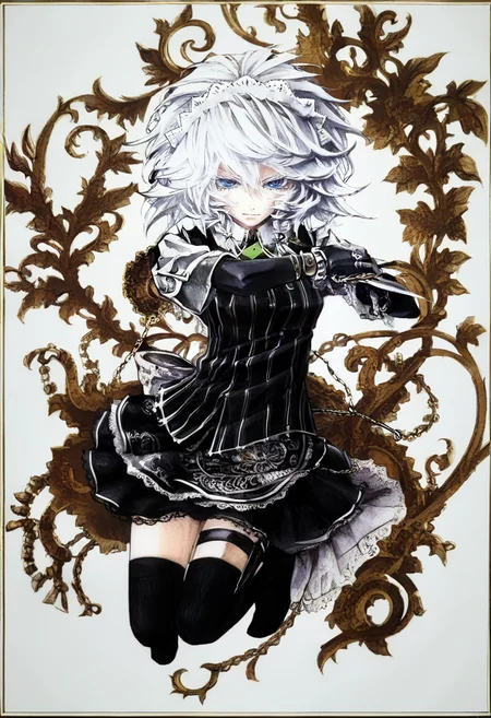 1girl, solo, izayoi sakuya, thighhighs, braid, white hair, watch, pocket watch, maid headdress, blue eyes, twin braids, short hair, black thighhighs, alternate costume, gloves, zettai ryouiki, knife, white background, skirt, full body, simple background, striped <lora:banpaiAkiraOSXL_NBVP1_lokr_V6311P:0.95>