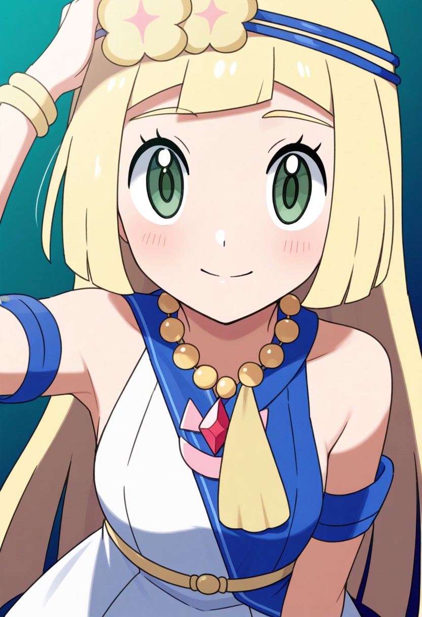 2d, masterpiece, best quality, amazing quality, 1girl, solo, close-up, standing, smile, upper body, leaning_forward, looking at viewer, multicolored background, sparkle, gradient background, colorful background, green background, blue background, lillie \(pokemon\), blonde hair, green eyes, flower wreath, head wreath, bead necklace, sleeveless dress, blue dress, white dress, bare shoulders, armlet, bracelet