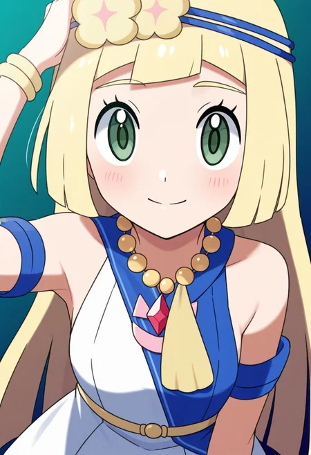 2d, masterpiece, best quality, amazing quality, 1girl, solo, close-up, standing, smile, upper body, leaning_forward, looking at viewer, multicolored background, sparkle, gradient background, colorful background, green background, blue background, lillie \(pokemon\), blonde hair, green eyes, flower wreath, head wreath, bead necklace, sleeveless dress, blue dress, white dress, bare shoulders, armlet, bracelet