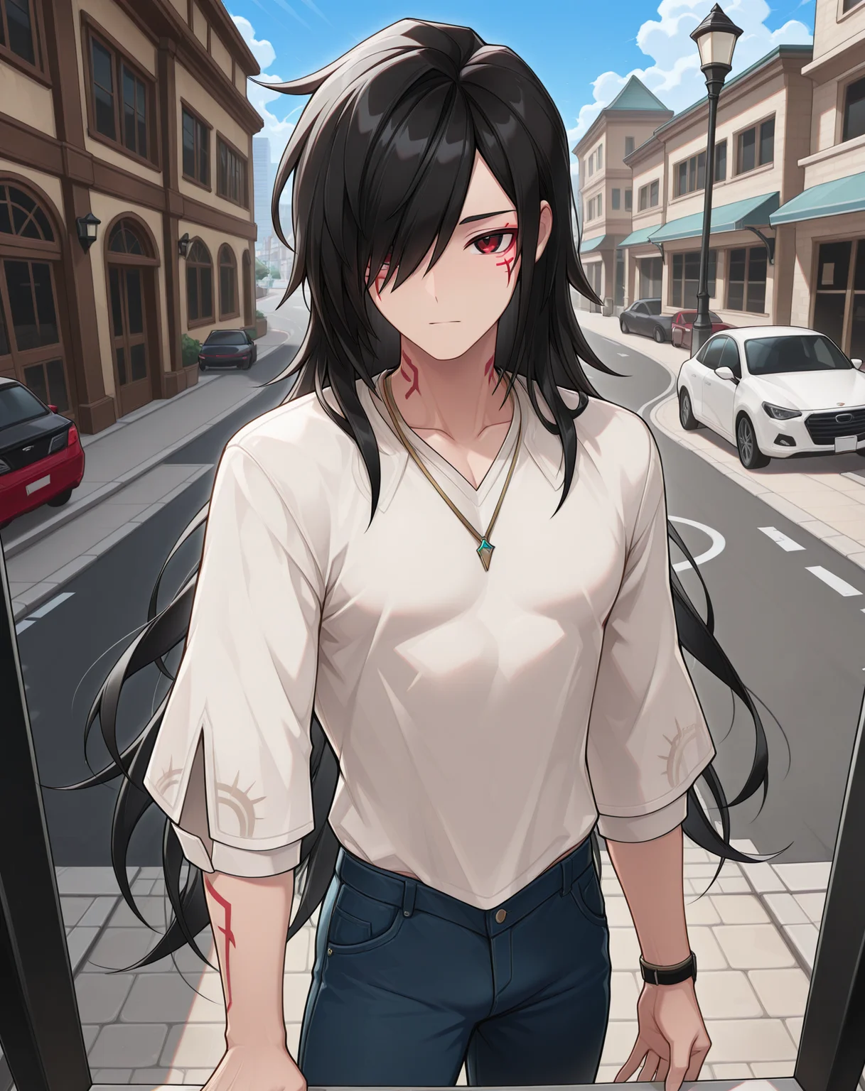 masterpiece,best quality,amazing quality, newest, very aesthetic, absurdres,
1boy, solo, yaoi, male focus, looking at viewer, cowboy shot, standing,
<lora:Solace_Base_ilxl:1> solace, black hair, red eyes, facial mark, hair over one eye, long hair, swept bangs, facial tattoo,
white shirt, jeans, sneakers,
outdoors, day, blue sky, building, street, road, lamppost, car,