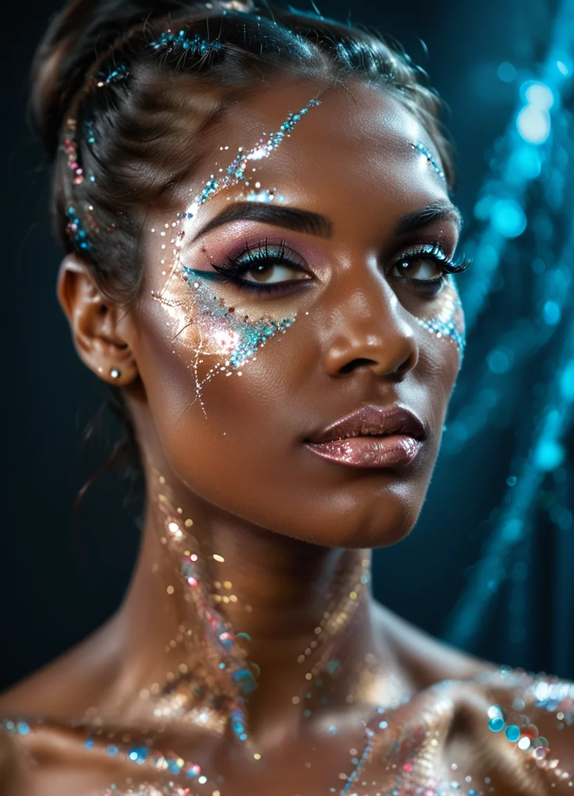 score_9, score_8_up, score_7_up, score_6_up, score_5_up,
woman, makeup, portrait, glitterstyle, dark background, dark skin,
abstract backgound, dynamic pose, masterpiece, best quality, sharp_details, game_cg
<lora:GlitterStyle_pony:0.8>