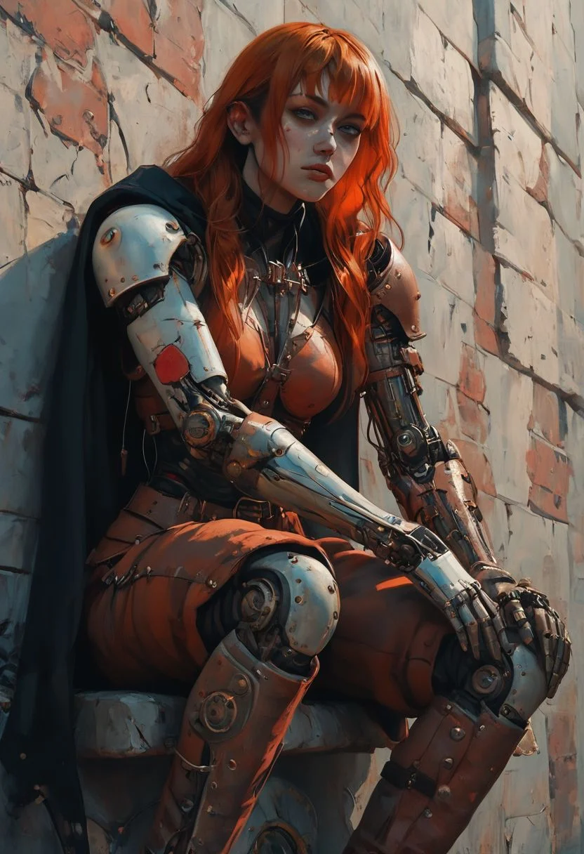 score_9, score_8_up, score_7_up, raw, fcNeg, Expressiveh, realistic, highly detailed, fantasy, (oil painted:1.2), g0thicPXL, w00dpr0sth3t1c
/BREAK/
1girl, 25 years old, (tan skin:1.2), (dusky green eyes:1.2), beautiful eyes, scars, natural skin texture, beautiful face, (perfect face:1.2), (cropped rust-red ginger hair:1.5), (bangs:1.4), (big body frame:1.4), strong woman, subsurface scattering, very detailed face, (metallic_prosthetic_arm:1.4), (mechanical arms:1.4), cable, wires, reelmech, mechanical parts, bulky steampunk body suit, metal_joints, (prosthetic_harness), (very fit body:0.8), (muscular:1.2), (black iron medieval armor:1.2), sitting on a low wall, shoulder cape
BREAK
outdoors, daylight, blue sky, beautiful lighting, beautiful vibrant colors, in the streets of a medieval city, medieval alleyway, full body