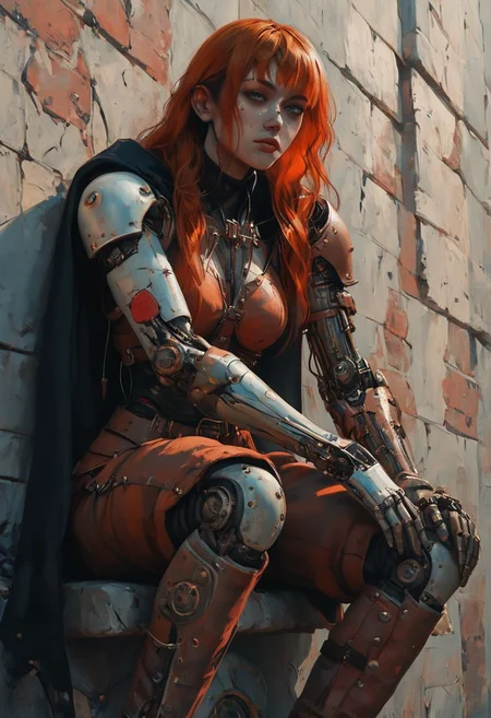 score_9, score_8_up, score_7_up, raw, fcNeg, Expressiveh, realistic, highly detailed, fantasy, (oil painted:1.2), g0thicPXL, w00dpr0sth3t1c
/BREAK/
1girl, 25 years old, (tan skin:1.2), (dusky green eyes:1.2), beautiful eyes, scars, natural skin texture, beautiful face, (perfect face:1.2), (cropped rust-red ginger hair:1.5), (bangs:1.4), (big body frame:1.4), strong woman, subsurface scattering, very detailed face, (metallic_prosthetic_arm:1.4), (mechanical arms:1.4), cable, wires, reelmech, mechanical parts, bulky steampunk body suit, metal_joints, (prosthetic_harness), (very fit body:0.8), (muscular:1.2), (black iron medieval armor:1.2), sitting on a low wall, shoulder cape
BREAK
outdoors, daylight, blue sky, beautiful lighting, beautiful vibrant colors, in the streets of a medieval city, medieval alleyway, full body