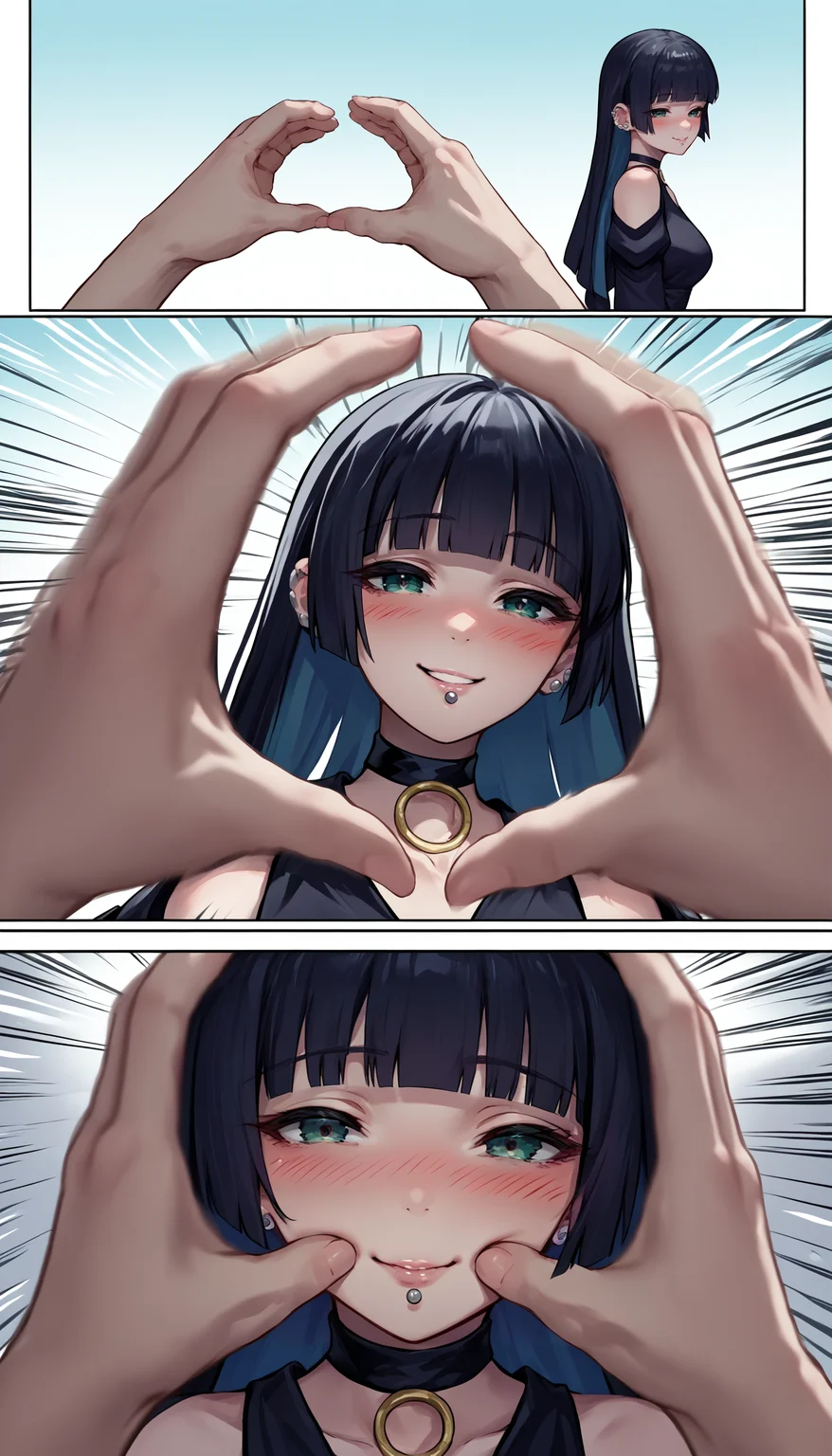 score_9, score_8_up, score_7_up, source_anime, incrssnootchallenge, comic, pov hands, motion lines, motion blur, 1girl, <lora:SnootChallenge_XLPD:1>, 3koma, <lora:Hoseki_BTR_Pasan_PDXL_v1:1> pasan, ear piercing, chin piercing, hime cut, choker, black dress, shoulder cutout, blush, seductive smile,