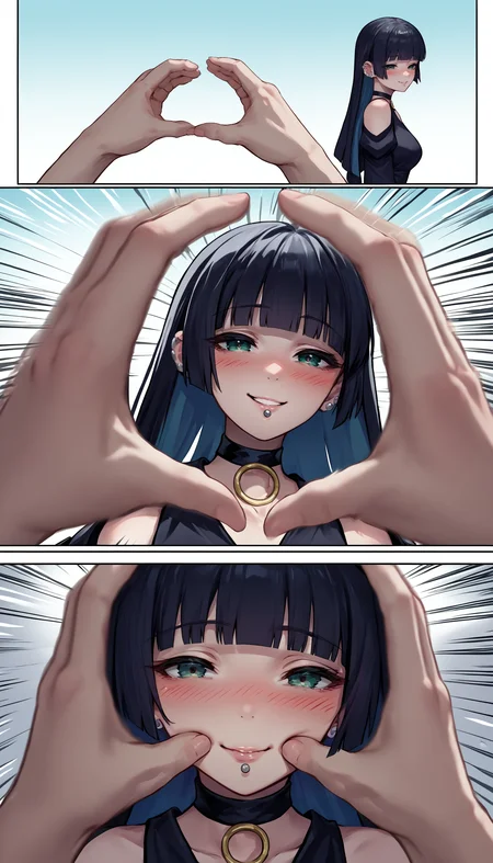 score_9, score_8_up, score_7_up, source_anime, incrssnootchallenge, comic, pov hands, motion lines, motion blur, 1girl, <lora:SnootChallenge_XLPD:1>, 3koma, <lora:Hoseki_BTR_Pasan_PDXL_v1:1> pasan, ear piercing, chin piercing, hime cut, choker, black dress, shoulder cutout, blush, seductive smile,