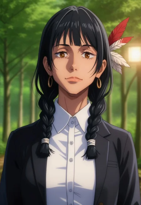 score_9, score_8_up, score_7_up, source_anime, intricate details, anime screencap, perfect balance, official art, extremely detailed CG unity 8k wallpaper, perfect lighting, Colorful, Warm_Front_face_Lighting, (masterpiece:1.0),(best_quality:1.0), ultra high res,4K,ultra-detailed, photography, 8K, HDR, highres, absurdres:1.2, Kodak portra 400, blurry background, bokeh, lens flare, (Anime) (vibrant_color:1.2), professional photograph, night, (cute_face:1.2), 2d, anime, upper body, intricate iris, American, Professional character design, 1girl, female focus, (Brown eyes), perfect eyes, (black-hair), Native American, Indigenous, American Indian, youthful, solo, jujutsu_kaisen_style, character portrait, (perfect-lighting), face, young, (Dark-black-hair), Long hair, (Native American), Indigenous, American Indian, (wild hair), (((wild eyes))), (Native North American), (Upturned eyes), (high cheekbones), (strong jawline), (Black Hair), ((((Native-American-Eagle-feather-braids, Native American Eagle feather accessories)))), (Black Cowboy Jacket), (((wild eyes))) ((Bobbed Bangs)) (((Slanted-Eyes))) (Psycho) (Happy) (Friendly) (Goofy) (Dark Black Jacket) (White Dress Shirt), (Blue Warpaint), (Redwood Forest, Pacific Northwest Forests), (Inuit), (Tan skin), (Dark Skin), (Brown skin), (bobbed hair), White Eagle-Feather-Earrings, Thick Bangs, Bobbed hair, Bob-cut, White-Feather-Earrings, Brown-skin, Inuit Face-paint