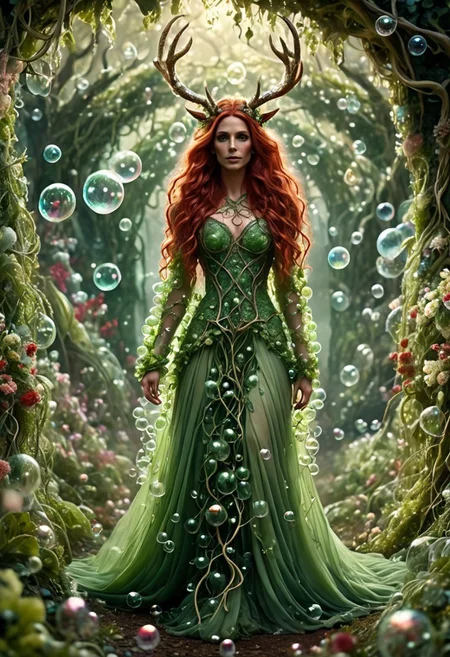 wow_bbls, realistic, ethereal enchantress wearing a long green dress made of bubbles, alluring beauty, stunning appearence, long wavy red hair, antlers covered in vines and flowers, walking through a magical but eerie wonderland, full body shot, looking at viewer, intricate details, fantasy, 8k, cinematic, film still