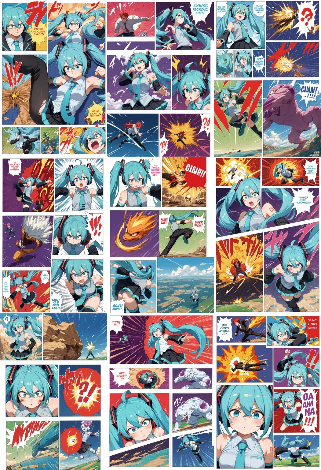 score_9, score_8_up, score_7_up, score_6_up, score_5_up, score_4_up, anime source, 
 <lora:DBBattle_Pony_V2:1>DBBattle, (duel:1.25), (comic:1.25), battle, emphasis lines, speed lines, motion lines, !?, !!, style parody, 
Frame, Text, English Text, speech bubble, trembling, focus line, vibrating line, comic expression, Sound effect, 
1 girl,  girl forcas, 2+ boys, Monster Boy, Creature Boy, Mutant Boy, 
 fighting stance, aura, flying, 
injury, torn clothes, 
cloud, cloudy sky, day, 
(({energy ball | Punching | kicking | explosion})), 
mikuhatsune, <lora:miku-hatsune-ponyxl-lora-nochekaiser:0.5>,
miku hatsune, ahoge, aqua eyes, aqua hair, crossed bangs, hair between eyes, hair ornament, headphones, long hair, twintails, mature female,
aqua necktie, black footwear, black skirt, black sleeves, boots, collared shirt, detached sleeves, grey shirt, necktie, pleated skirt, shirt, skirt, sleeveless, sleeveless shirt, thigh boots, tie clip,