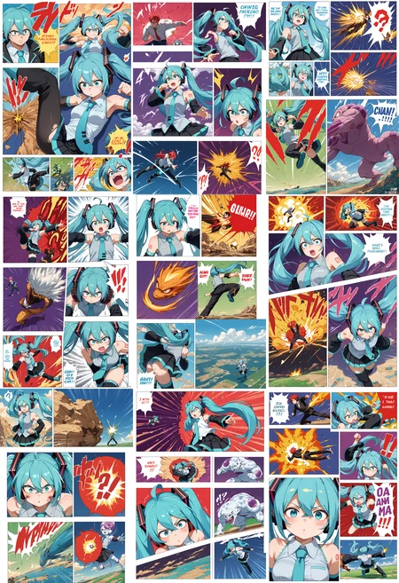 score_9, score_8_up, score_7_up, score_6_up, score_5_up, score_4_up, anime source,
<lora:DBBattle_Pony_V2:1>DBBattle, (duel:1.25), (comic:1.25), battle, emphasis lines, speed lines, motion lines, !?, !!, style parody,
Frame, Text, English Text, speech bubble, trembling, focus line, vibrating line, comic expression, Sound effect,
1 girl, girl forcas, 2+ boys, Monster Boy, Creature Boy, Mutant Boy,
fighting stance, aura, flying,
injury, torn clothes,
cloud, cloudy sky, day,
(({energy ball | Punching | kicking | explosion})),
mikuhatsune, <lora:miku-hatsune-ponyxl-lora-nochekaiser:0.5>,
miku hatsune, ahoge, aqua eyes, aqua hair, crossed bangs, hair between eyes, hair ornament, headphones, long hair, twintails, mature female,
aqua necktie, black footwear, black skirt, black sleeves, boots, collared shirt, detached sleeves, grey shirt, necktie, pleated skirt, shirt, skirt, sleeveless, sleeveless shirt, thigh boots, tie clip,