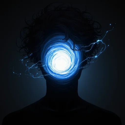 The image is a digital drawing in a dark, surreal style, featuring a stylized, abstract figure with a striking, otherworldly appearance. The subject's head is the most prominent feature, dominated by a swirling, glowing orb that occupies the center of the face, surrounded by an intricate, swirling pattern that resembles a vortex or a stylized eye. This orb emits bright, electric-like energy that crackles with blue-white light, creating a stark contrast against the dark background. The figure's hair is depicted as wild, curly, and flowing, almost as if caught in a gust of wind, with strands extending outward in a chaotic manner. The hair and face are rendered in dark, almost black tones, blending into the background, creating a sense of depth and dimension. planet-head,