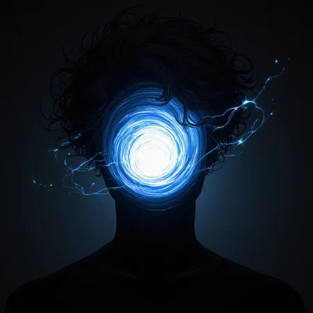The image is a digital drawing in a dark, surreal style, featuring a stylized, abstract figure with a striking, otherworldly appearance. The subject's head is the most prominent feature, dominated by a swirling, glowing orb that occupies the center of the face, surrounded by an intricate, swirling pattern that resembles a vortex or a stylized eye. This orb emits bright, electric-like energy that crackles with blue-white light, creating a stark contrast against the dark background. The figure's hair is depicted as wild, curly, and flowing, almost as if caught in a gust of wind, with strands extending outward in a chaotic manner. The hair and face are rendered in dark, almost black tones, blending into the background, creating a sense of depth and dimension. planet-head,