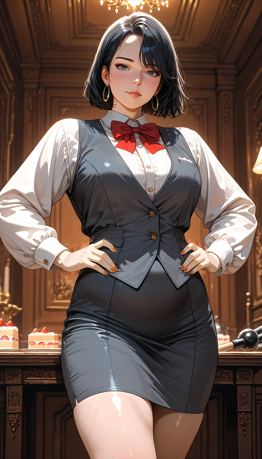 cake4daze,retro_artstyle,BREAK masterpiece,best quality,amazing quality,detailed, absurdres,realistic, very aesthetic, smooth shadows, realistic light and shadows, BREAK mature woman{{ short hair, black hair}}, standing, wearing gray suitwaistcoat,skirt, pencil skirt, red bow tie, hoop earrings, (hands on own hips), BREAK bbw:1.2 {{ muscular, plump}}, hands {{5_fingers, dainty hands}}, realistic skin {{pale skin, shiny skin:0.3, soft skin, skin imperfections, skindentation}}, depth of field, club, female focus,BREAK masterpiece,best quality,amazing quality,detailed, absurdres,realistic, very aesthetic, smooth shadows, realistic light and shadows, (expression {{ Confidence, arrogance }}), looking_at_viewer, ,<lora:illustrious\style\retro_scifi_artstyle_illustriousXL-000021.safetensors:0.7000000000000002:0.7000000000000002> <lora:illustrious\style\Cake4Daze_Style_illust-000007.safetensors:0.5000000000000001:0.5000000000000001>