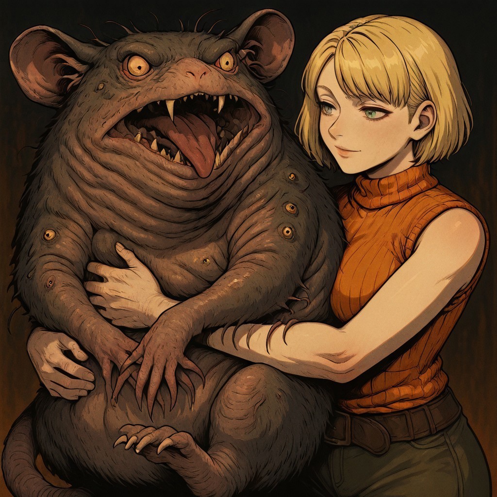 masterpiece, best quality, newest, absurdres, highres, CWKIV1.0, 1girl, ashley graham (resident evil), blonde, orange shirt, blonde hair, orange sweater,  sleeveless, sleeveless sweater, sleeveless tutrleneck, turtleneck, short hair, curtained hair, monster, hug, oversized animal, rat, hugging rat, hugging pet, oversized rat,
