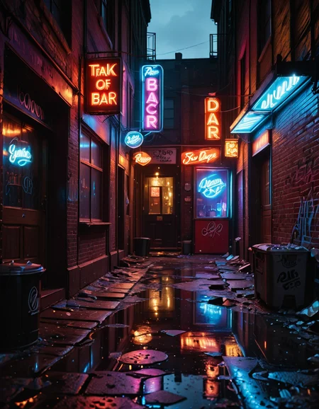 A highly detailed and realistic photograph of a dark alleyway behind a bar at night. The narrow passage is dimly lit by a flickering neon sign casting a moody red and blue glow onto the wet pavement. The walls are made of old, weathered brick covered in graffiti, with metal fire escapes zigzagging above. Trash bags and discarded crates are scattered along the alley, and a few puddles reflect the neon lights, adding depth to the scene. A single, dented metal door with a small, barred window leads into the back of the bar, with a faint warm light seeping through the cracks. The air is thick with mist, and the distant hum of the city is broken only by the occasional drip of water from a rusted drainpipe. A sense of mystery and urban grit fills the atmosphere, evoking a cinematic, noir-style aesthetic.
<lora:SDXLFaeTastic2400:0.4> <lora:extremely_detailed:0.4> extremely detailed, <lora:all3yway-ill:1>,all3yway, Masterpiece,best quality,hi res,8k,hi res,8k,award winning,(sharp focus, intricate, highly detailed),