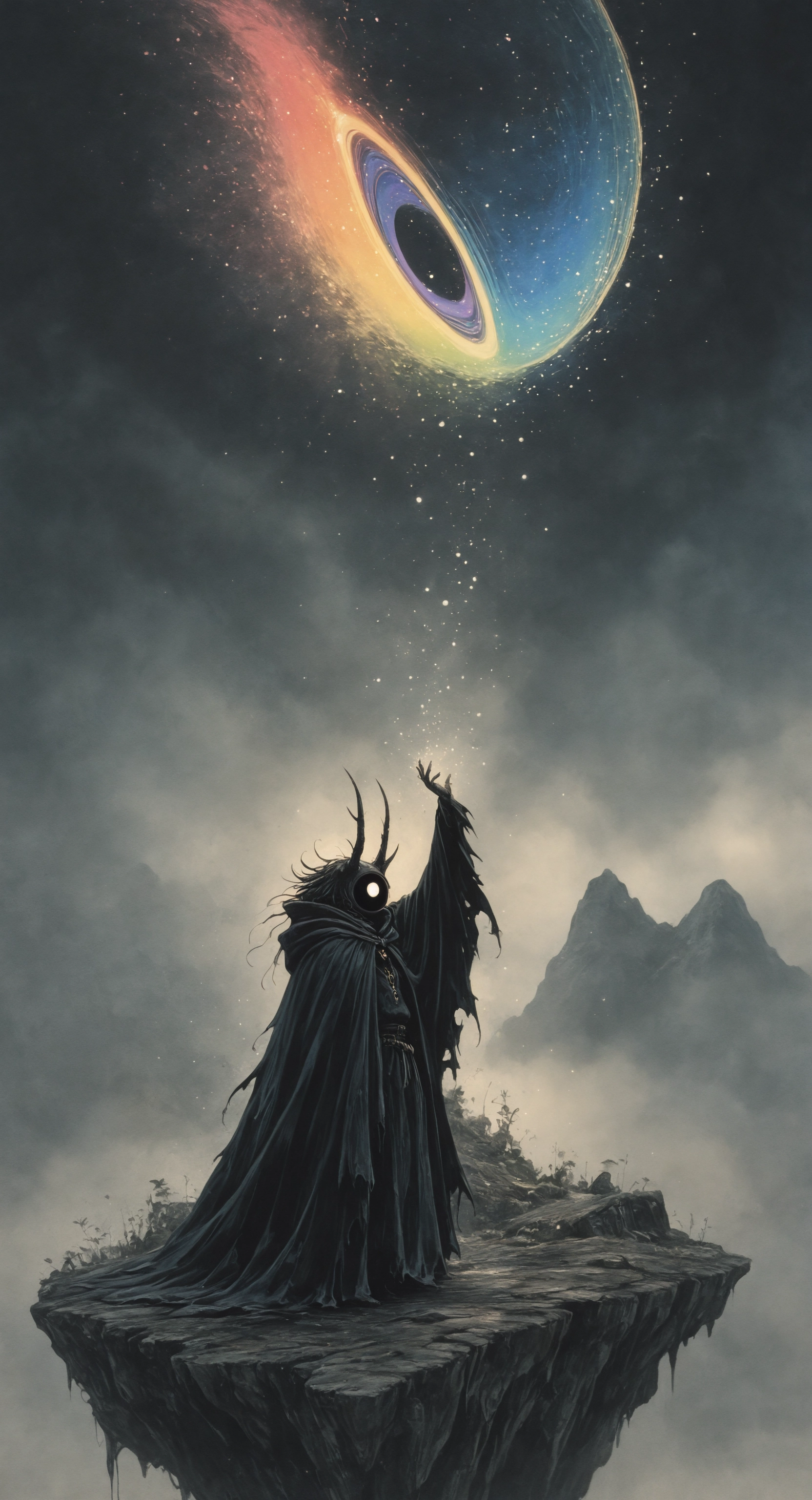 masterpiece, best quality, amazing quality, solo, looking at viewer, 1boy, standing, full body, male focus, horns, 1other, cloak, one-eyed, rainbow, Studio Ghibli Dark Fairytale <lora:noobai_ep11_stabilizer_v0.138_fp16:0.3> <lora:NOOB_vp1_detailer_by_volnovik_v1:0.3> <lora:Dark_Ghibli:0.8>