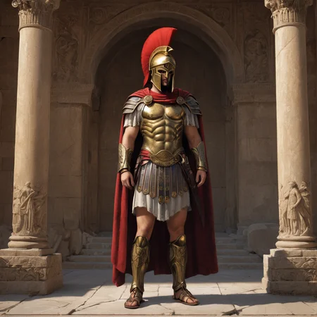 a classical oil painting, (spartan champion), spartan armor, red plumed spartan helmet, ornate, bronze cuirass, engraved, ornate armor, with leather and black details, shortsword, crimson cloak, full body portrait, full height photograph, perfect lighting, highly detailed, intricate, facing viewer, masterpiece, 4K artstation, temple of baalbek background, full shot, sandals, albert bierstadt, greg rutkowski, (in the style of Clyde Caldwell) <lora:Spartan_Armor_XL:0.5>