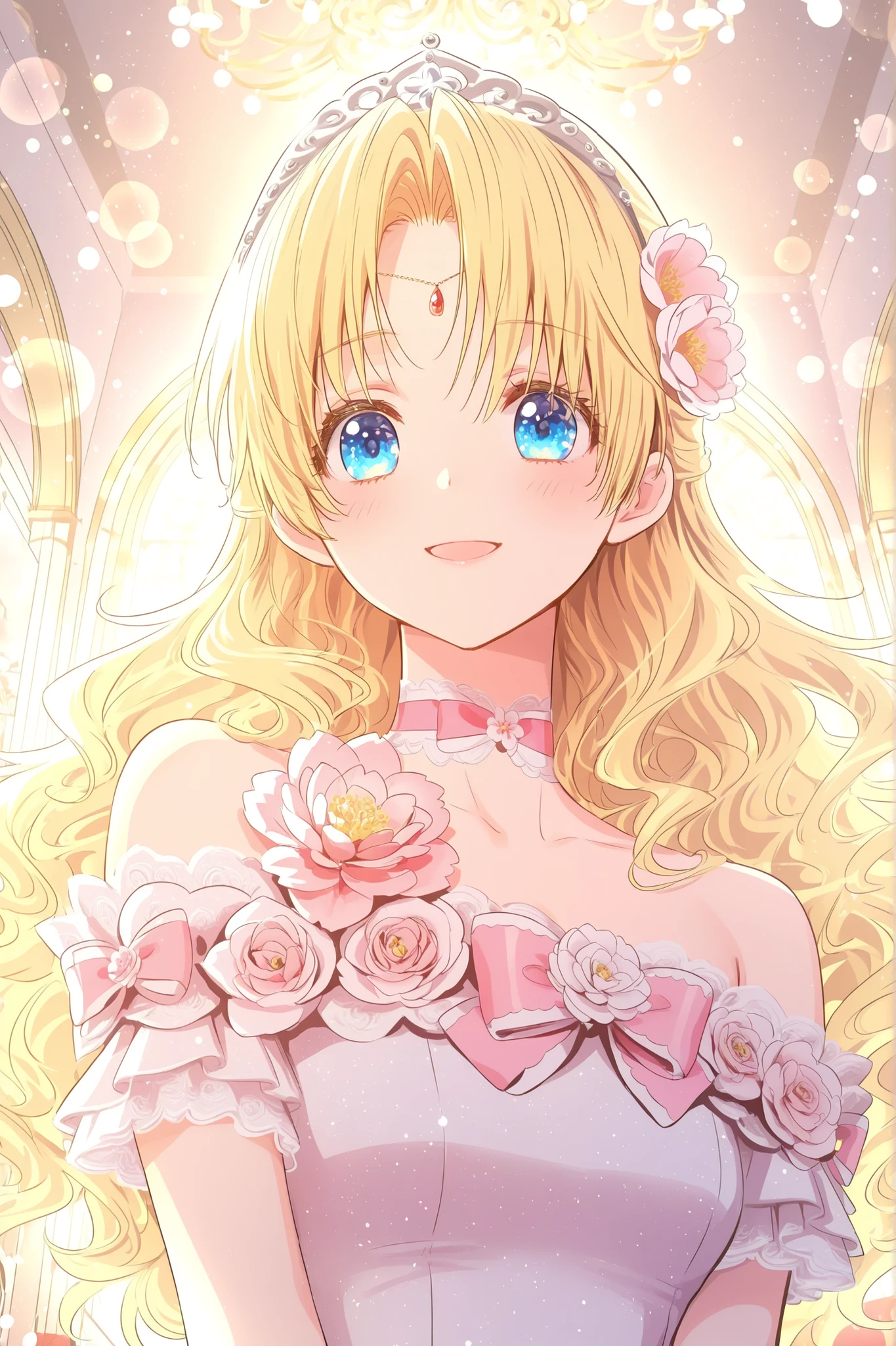 masterpiece, best quality, absurdres, high quality, detailed illustration, dreamy atmosphere, debutanteoutfit, 1girl, solo, athanasia, blonde hair, blue eyes, wavy hair, curly hair, long hair, tiara, headpiece, hair flower, pink flower, jewelry, choker, ball gown, white dress, pink dress, ornate dress, off shoulder, ruffles, floral applique, fabric flowers, bow, pink bow, looking at viewer, happy expression, radiant smile, bright lighting, indoors, ballroom, celebration, detailed background, bokeh, portrait