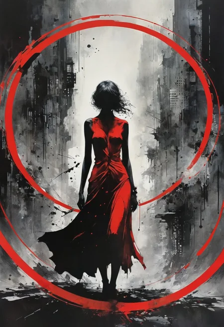 woman, nude, ral-ertmsphr otclillsn carcosa city, cybersecurity meme, data flows, dynamic movement, bleaked red and black, a Vintage casual goddess inside of circle, looking curious, By Yoji Shinkawa