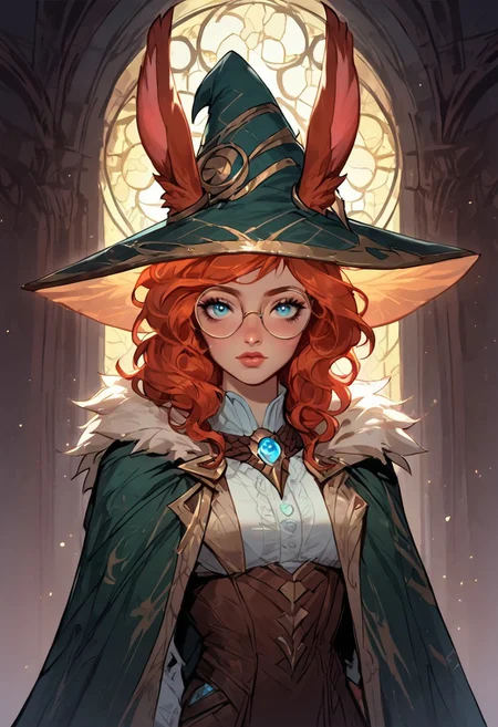 score_9, score_8_up, score_7_up, ((face focus, eye focus, dynamic angle, motion)), 1girl, solo, fantasy, Tarot Card Style, aurora (league of legends), (blue eyes, rabbit ears, rabbit tail, round eyewear, green cloak, fur trim), sexy witch costume, witch hat, lace, cape, breathless intimacy, tanned skin, petite model bombshell, heart, young, delicate features, narrow pointy nose, tiny nose, lust, big eyes, seductive eyes, blue eyes, detailed skin, flared lashes, mascara, makeup, perky medium breasts, athletic body, narrow waist, skinny hips,
warm light, detailed, neon dark party
BREAK
milky way, runes, arcane, astral, surreal, ethereal glow, masterpiece, best quality, intricate design. colorful, moonlit nightsky, stained glass aesthetic, moody whimsical color palette, murano glass, bold soldering lines, volumetric light shining through, crepuscular rays, intricate craftsmanship, detailed texture, luminous transparency, reflective light play, vivid hues, atmospheric depth, enchanting silhouette, art nouveau,