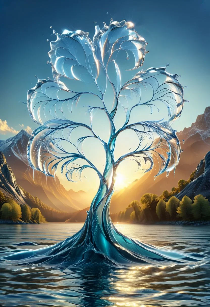 UHD, masterpiece, high quality, extremely details, intricate details, sharp focus, realistic, OverallDetailXL, sss
a tree made of ((water)) ,((ais-wvs)),  lake surrounded by mountains,sun sunlight, sunray ,sunset