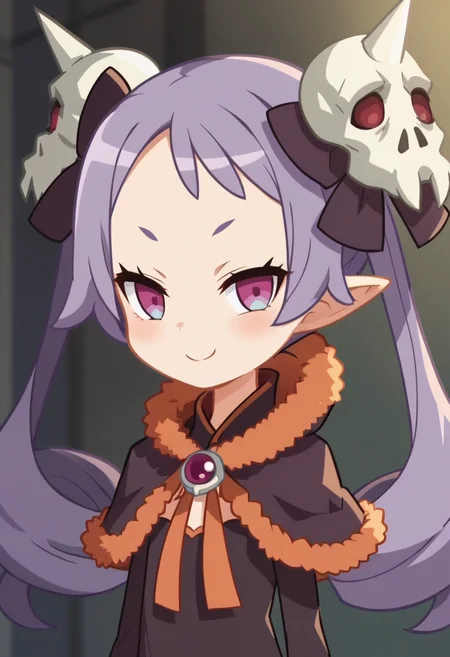score_9, score_8_up, score_7_up, score_6_up, score_5_up, score_4_up, rating_safe, anime coloring ,BREAK source_anime, anime,screencap,
1girl, solo, majorita, hair ornament, skull hair ornament, dress, dress, frills, black dress, frilly dress,fur-trimmed capelet, capelet, <lora:PonyXL Majorita V3:0.9>
indoors, looking at viewer, upper body, smile,