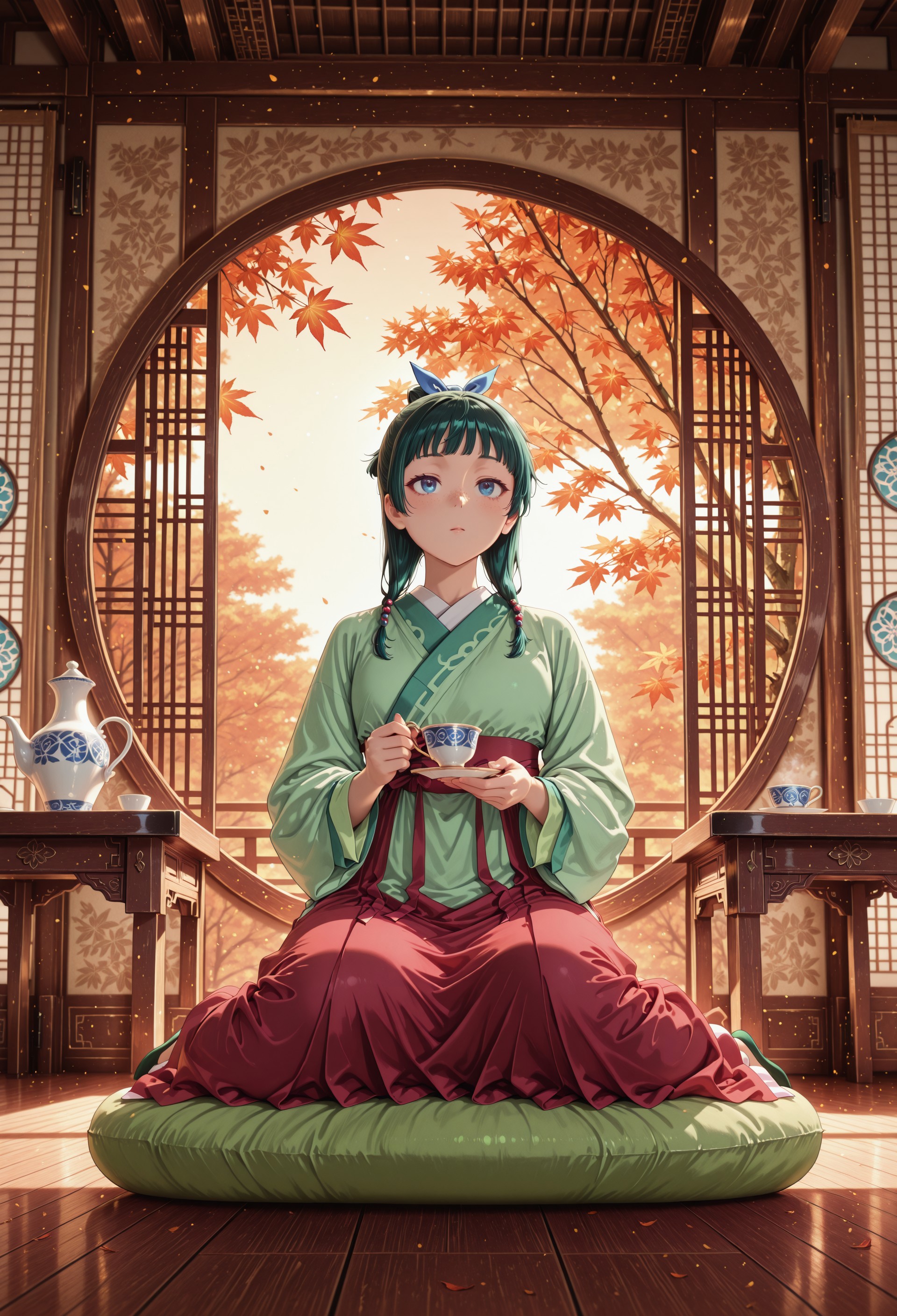 lazypos, 
realistic,
ADMao2, 1girl, green hair, blue eyes, freckles, flat chest, defaulthairstyle, low twintails, half updo, hair beads, blue hair bow, hair over shoulder, defaultoutfit, green aoqun, red long skirt, green flats,
BREAK
indoors, holding a porcelain teacup, sitting on a fluffy round cushion, bamboo screen, ornate wall, table, circle window, wooden floor, open window, autumn garden view, autumn trees, floating autumn leaves,
BREAK
masterpiece, best quality, extremely detailed, intricate detail,
newest, vivid, dynamic composition, dynamic lighting, volumetric lighting, very aesthetic, absurdres, vibrant colors, soft shadows, depth of field, perspective,

