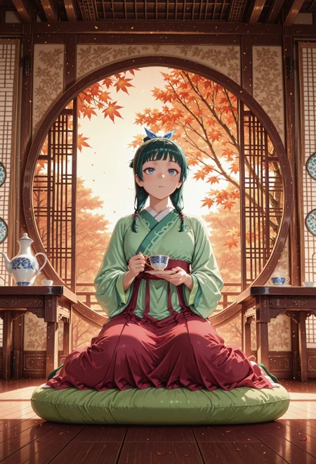 lazypos, 
realistic,
ADMao2, 1girl, green hair, blue eyes, freckles, flat chest, defaulthairstyle, low twintails, half updo, hair beads, blue hair bow, hair over shoulder, defaultoutfit, green aoqun, red long skirt, green flats,
BREAK
indoors, holding a porcelain teacup, sitting on a fluffy round cushion, bamboo screen, ornate wall, table, circle window, wooden floor, open window, autumn garden view, autumn trees, floating autumn leaves,
BREAK
masterpiece, best quality, extremely detailed, intricate detail,
newest, vivid, dynamic composition, dynamic lighting, volumetric lighting, very aesthetic, absurdres, vibrant colors, soft shadows, depth of field, perspective,

