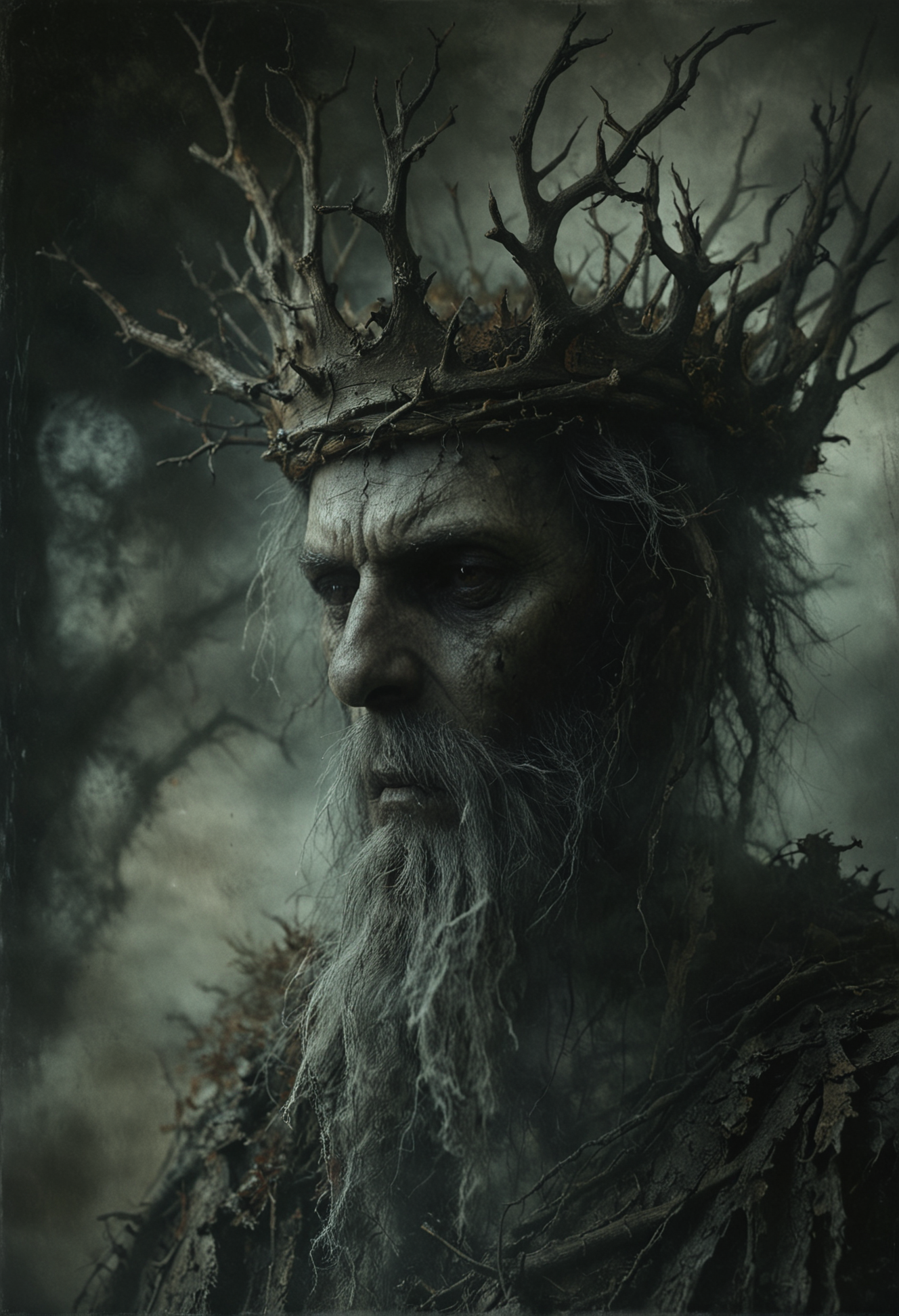a macabre scene with a lifelike very old and ill king bearing a dark expression, crowned with a jagged, branch-like, thorny crown, partially obscured by mist, all textures suggesting decay and darkness, the kin set against a backdrop of ethereal fog and shadow to enhance its haunting appearance, evoking a sense of solemnity and ancient lore, <lora:NicolaSamori:0.7>, <lora:Desolation:0.3>, <lora:MJ52:0.3>,