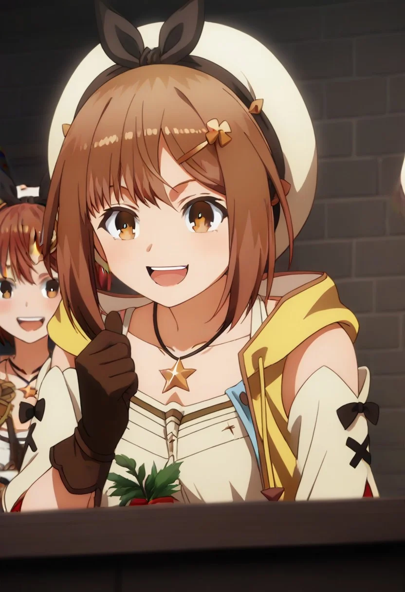 <lora:Reisalin_Ryza_Stout:.8>Ryza, short hair, Brown hair, hairclip, brown eyes, hat, star necklace, jewelry, gloves,, happy girl,